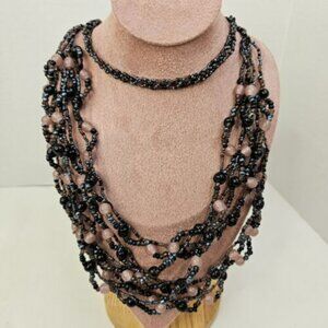 Necklace Costume Jewelry Multi Layered Seeded Beaded Brown Black Beads